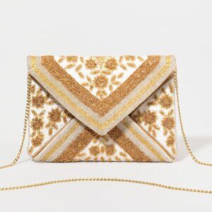 Golden Floral Gatsby Clutch Purse Gold Silver Sparkle Glass Seed Beaded w/Chain